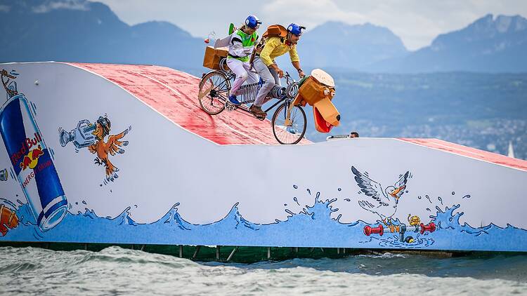 Team Splash Story performs during the Red Bull Tandem Splash in Lausanne, Switzerland.