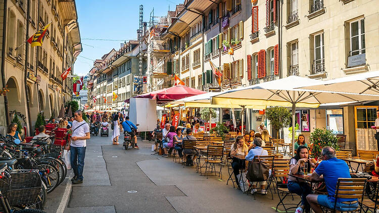 Street with restaurants and bars in Bern, Switzerland