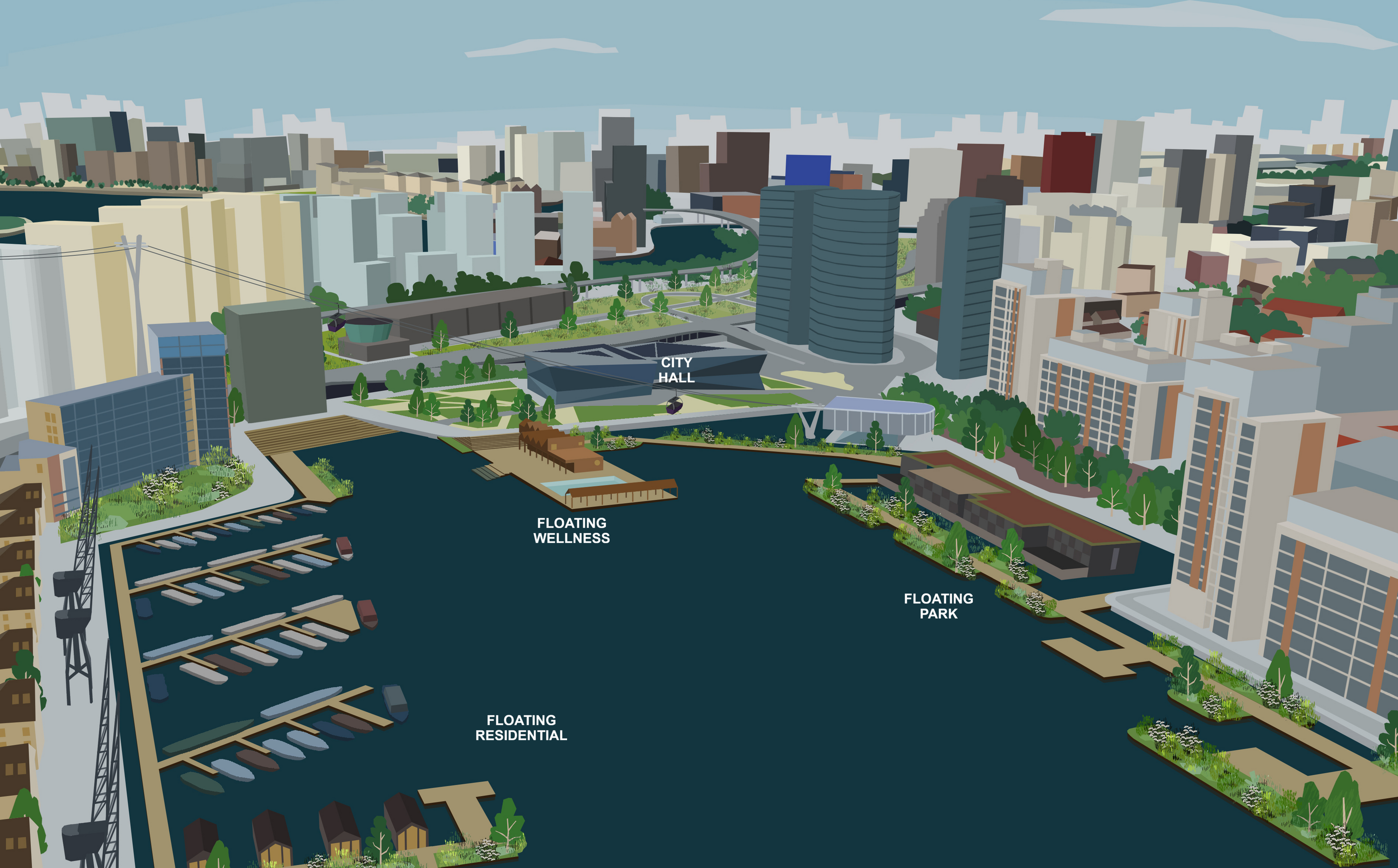 Aerial artist impression of floating park at Royal Victoria Dock