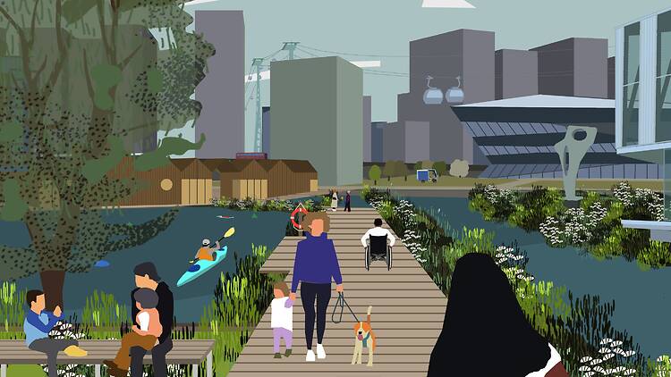 Artist render of floating park at Royal Victoria Dock