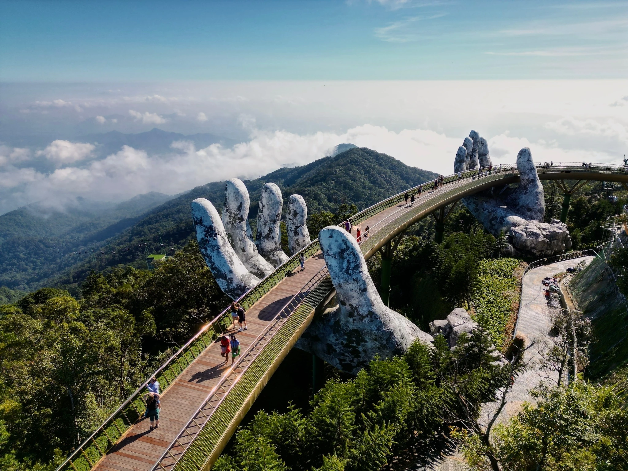Photo taken by drone of the Golden Bridge at Ba Na Hills in Vietnam