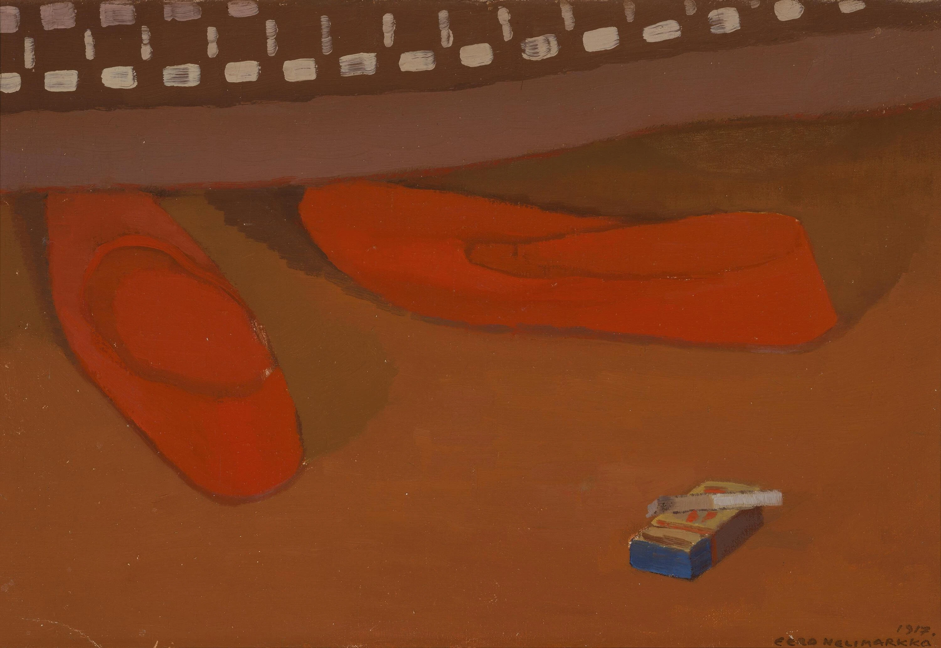 Punaiset keng&auml;t ja tulitikkuaski Eero Nelimarkan maalauksessa