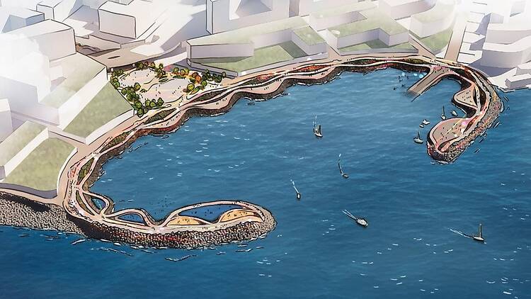 Visualisation showing the proposed breakwaters and shore protection in the Granger Bay precinct. Visualisation showing the proposed breakwaters and shore protection in the Granger Bay precinct.