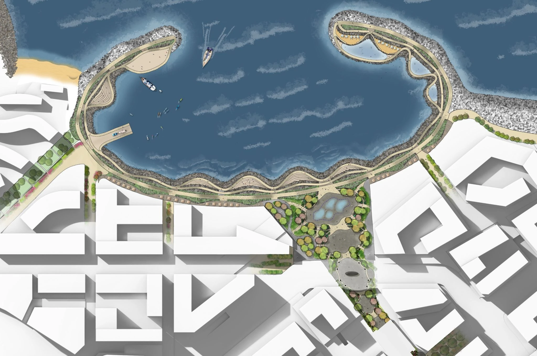 Visualisation showing the proposed breakwaters and shore protection in the Granger Bay precinct.