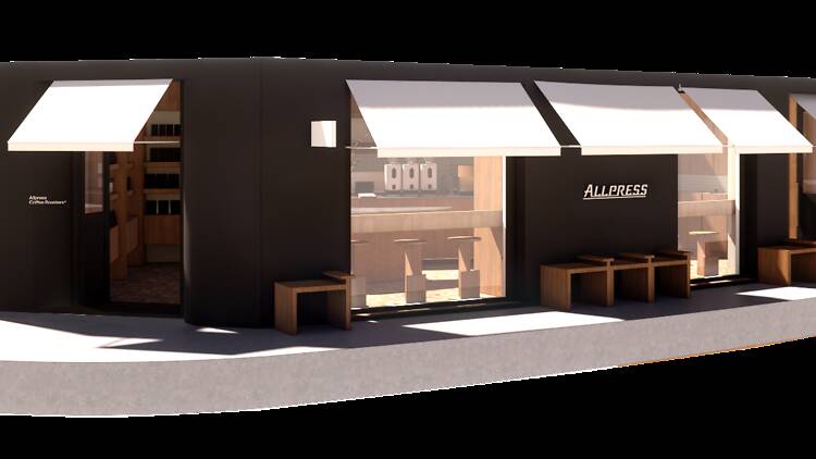Rendering of the outside of Allpress Farringdon with outdoor benches and large windows