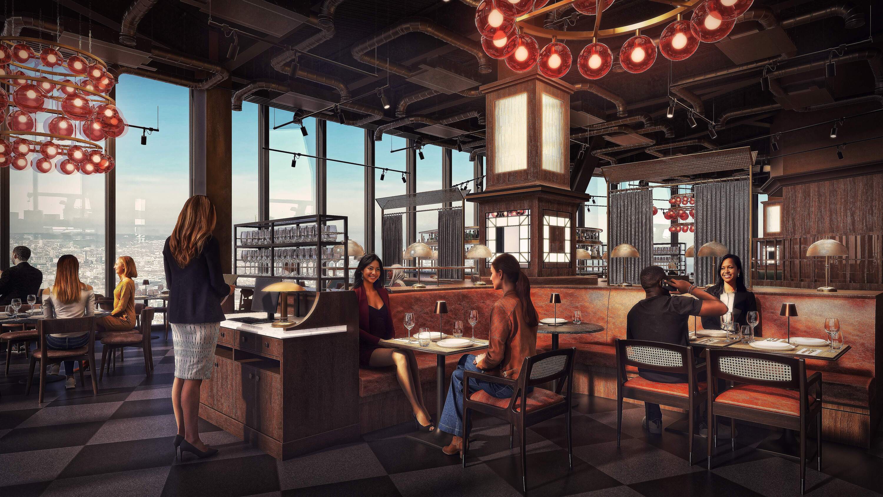 Rendering of restaurant interior with glass walls and visitors eating at tables