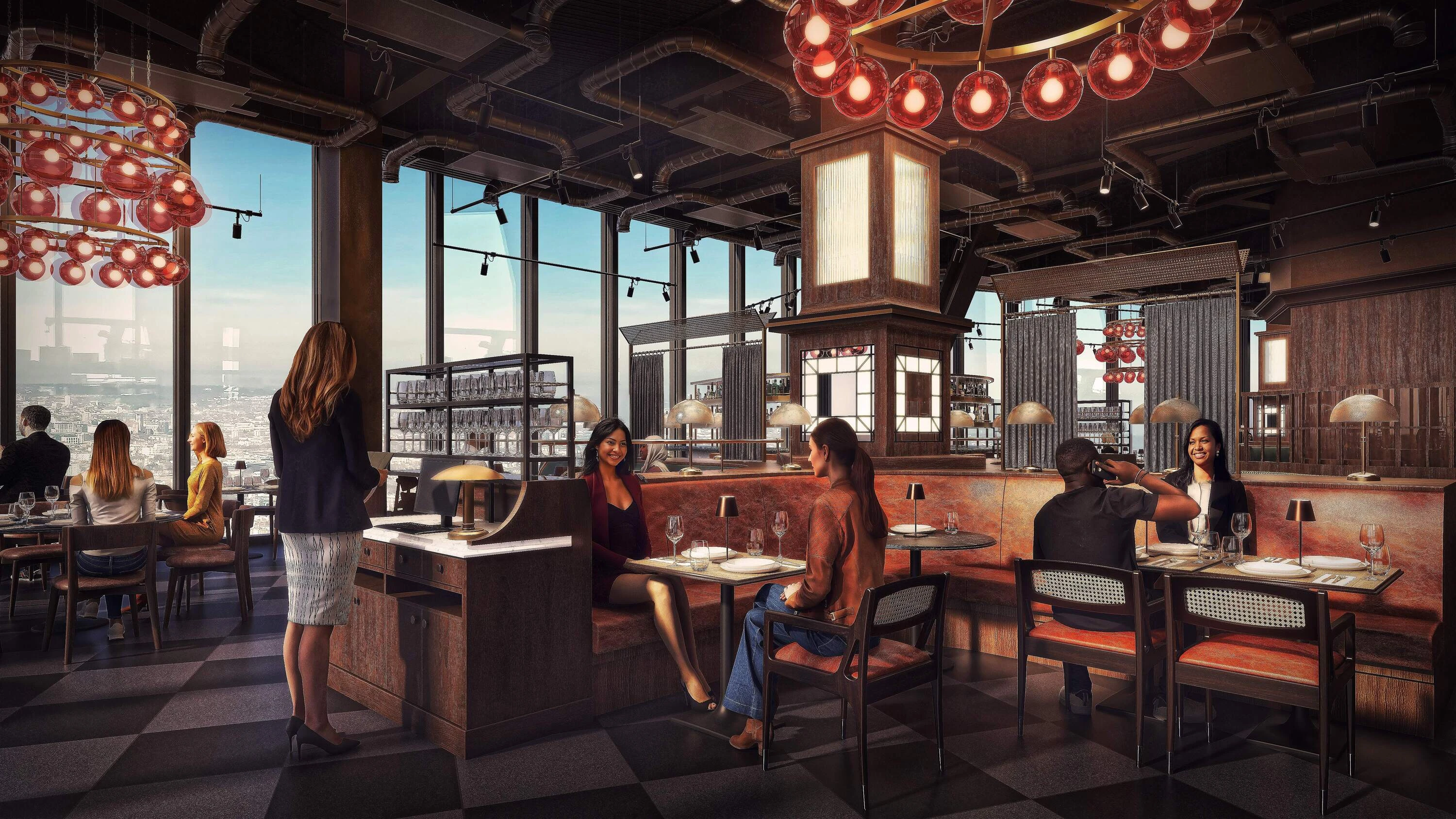 Rendering of restaurant interior with glass walls and visitors eating at tables