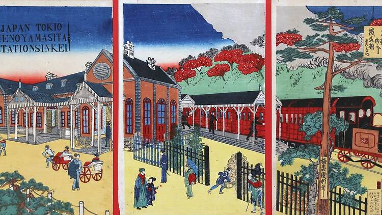 Estación de ferrocarril de Ueno en el área de Yamashita, Tokio Estación de ferrocarril de Ueno en el área de Yamashita, Tokio. Ukiyo-e. El ferrocarril en el mundo flotante
