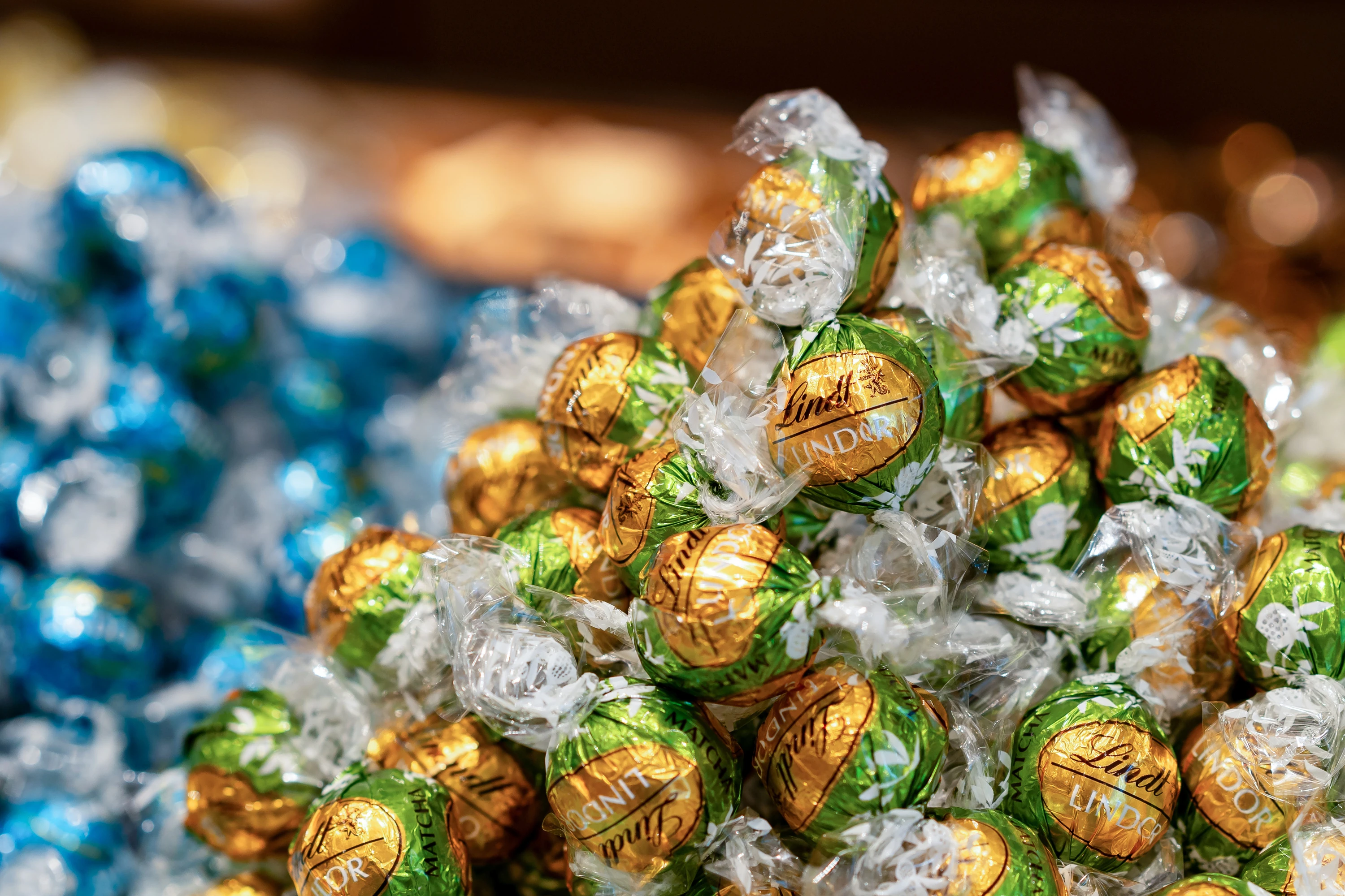 Close-up of Lindt Lindor balls in colourful wrapping