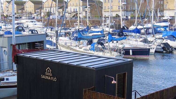 Floating sauna on Penarth Marina