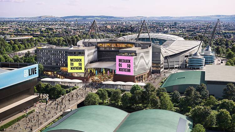 Wide view of new Medlock Square venue next to Etihad Stadium Wide view of new Medlock Square venue next to Etihad Stadium