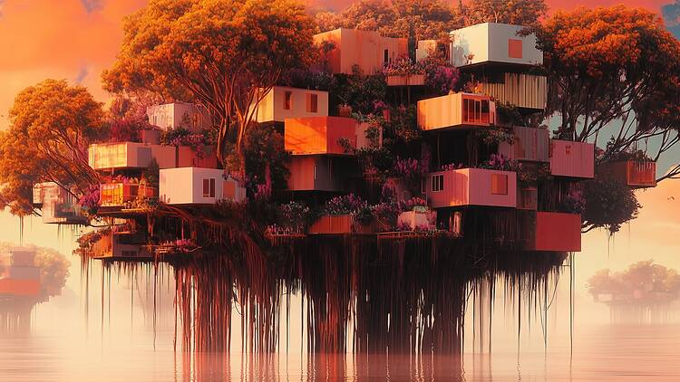 Futuristic image of shipping container-like apartments inside a tree