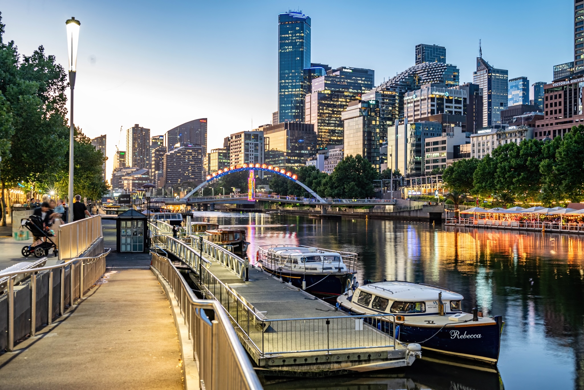 Boats on the Yarra River along South Bank promenade, Melbourne's fashionable riverside district