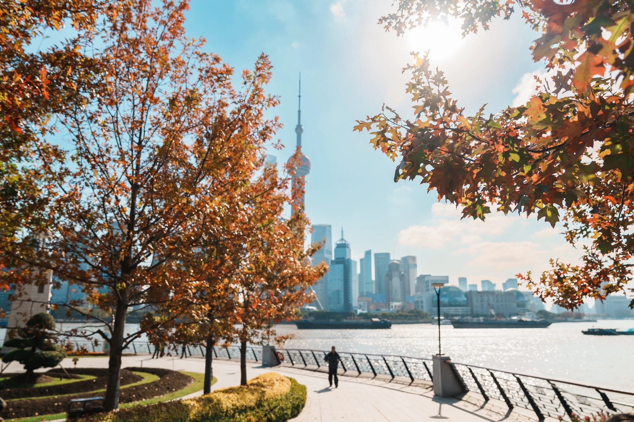 Shanghai skyline with trees in foreground