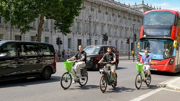 Lime bikes on Whitehall, London