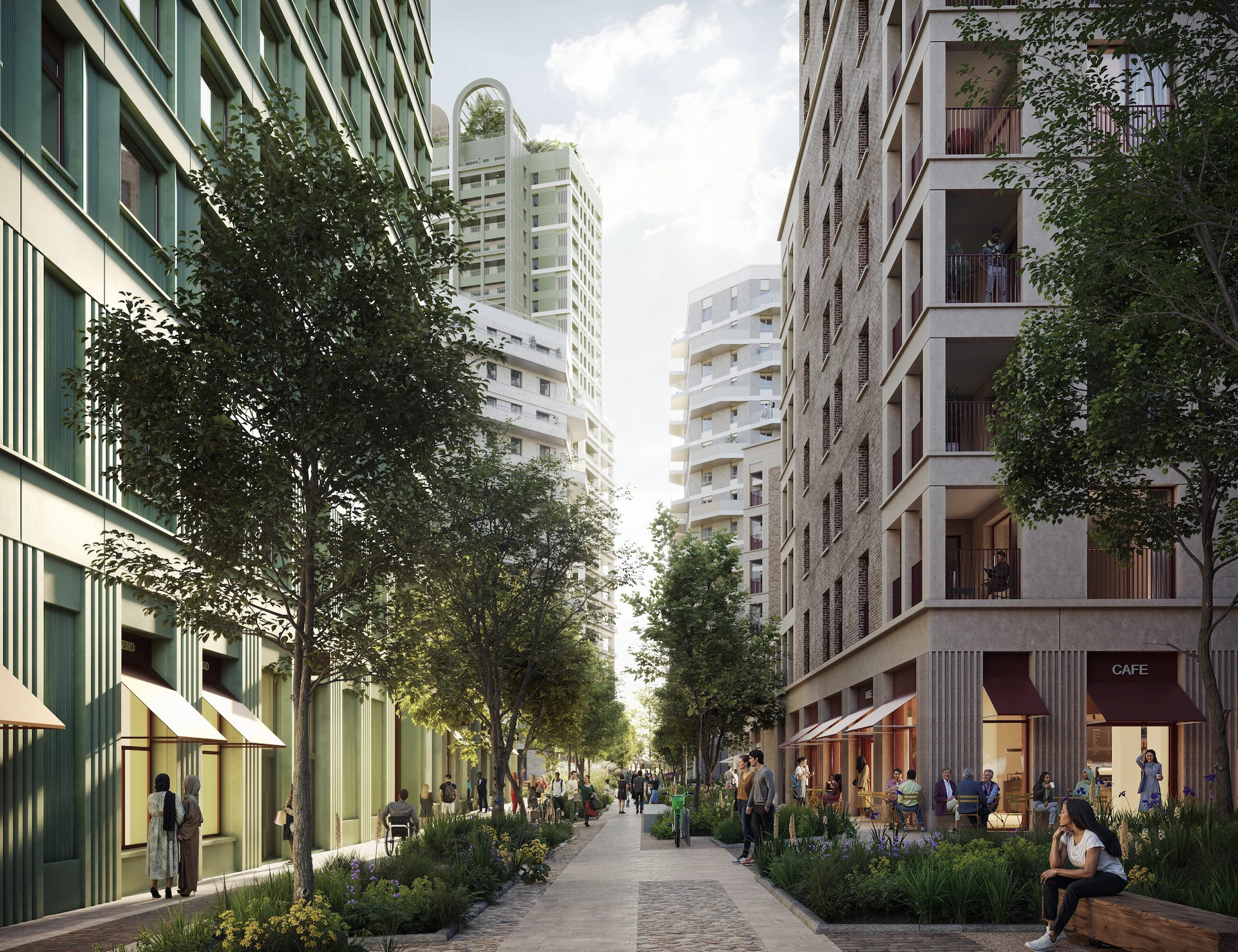 Preview render of a riverside neighbourhood at golden hour. A sunny street with shop windows and trees