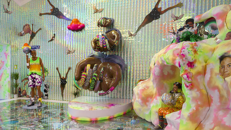 An installation view of Lauren Halsey's “emajendat.”