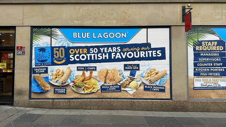 Storefront of Blue Lagoon in Newcastle with window sign hinting at upcoming menu items
