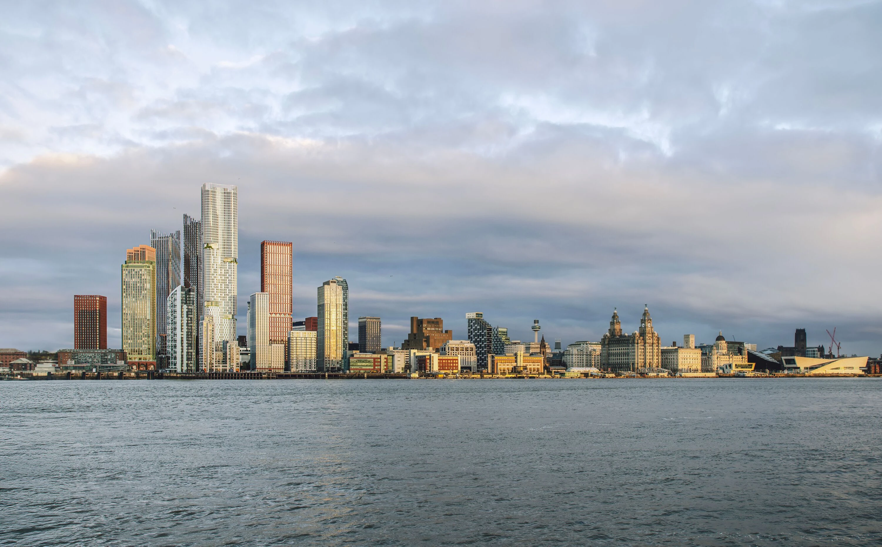 Rendering of a view across Merseyside of the new Liverpool skyscraper against the city's skyline