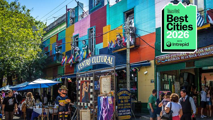 A colourful Buenos Aires street with a badge in the corner of the image reading 'Best Cities 2026 with Intrepid'