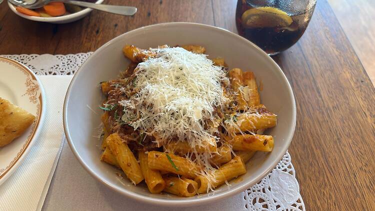 Bolognese rigatoni at Times New Roman.