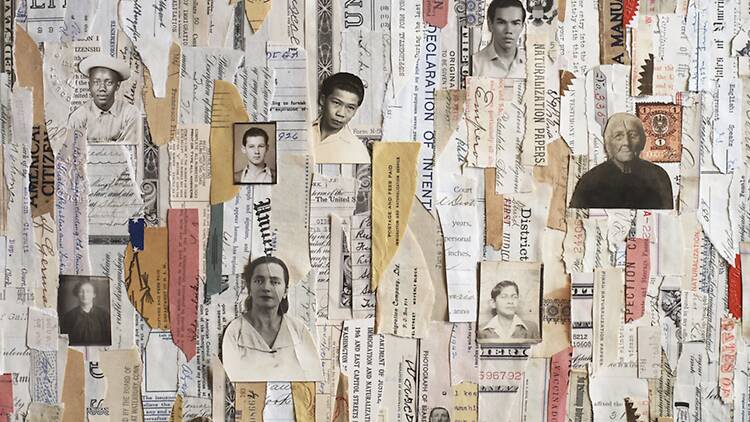 A collage using photographs and documents. 