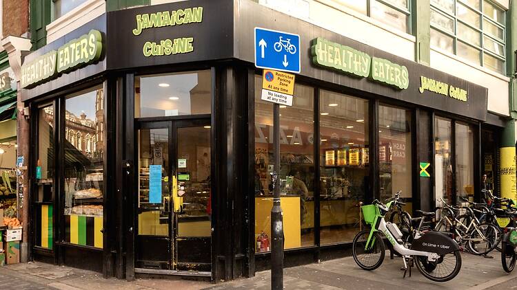 Exterior of Healthy Eaters Jamaican restaurant in Brixton