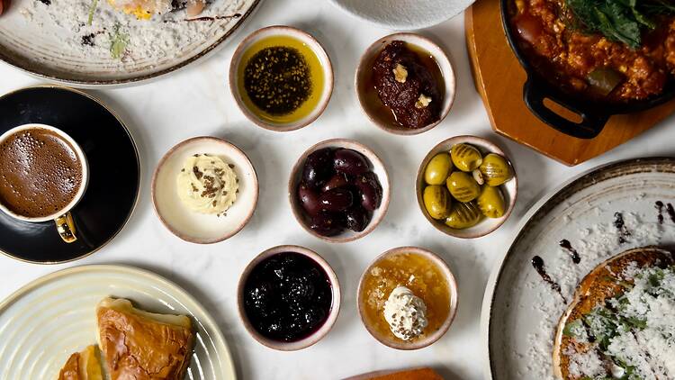 A spread of dips, olives and Turkish food