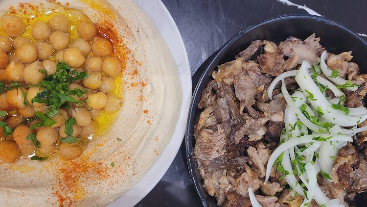 Lebanese food  of chickpeas and grilled meat at Al Yasmin, Punchbowl