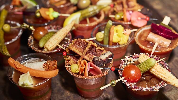 A tray of decked out Bloody Mary's