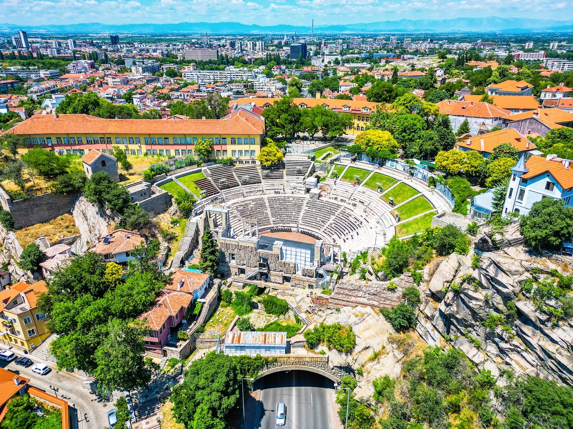 Drone view of the old town of Plovdiv. Plovdiv is the oldest continuously inhabited city in Europe and is among the six oldest cities in the world by the same token.
