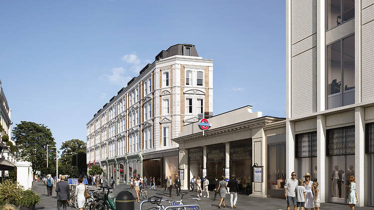 Render of new South Kensington tube station entrance on Thurloe Street 