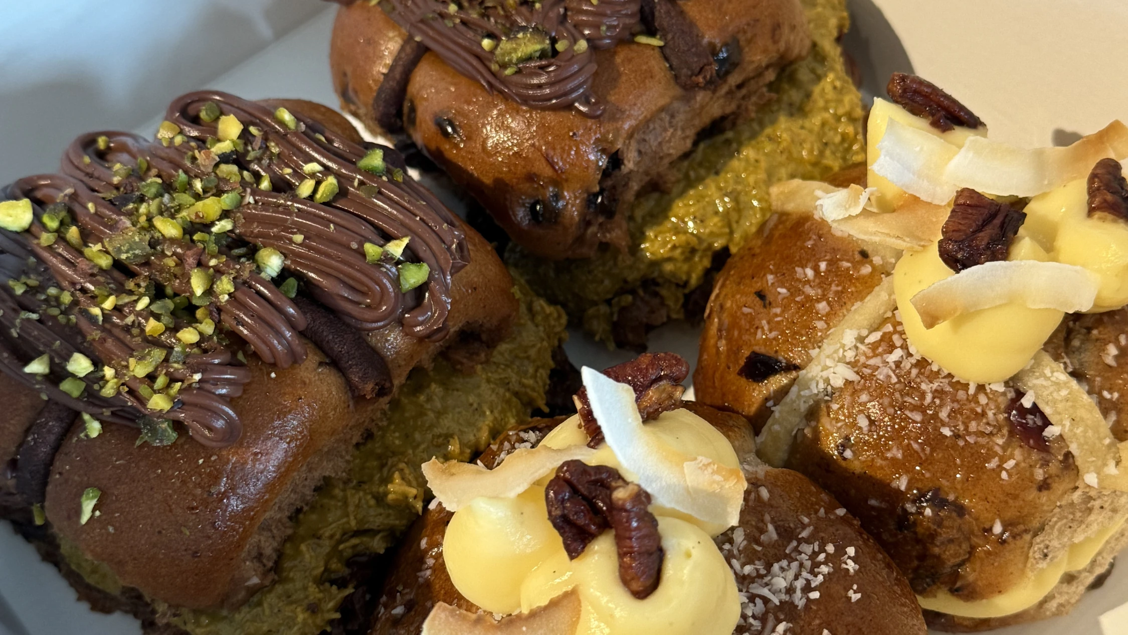 Dubai chocolate hot cross bun from Tuga Pastries