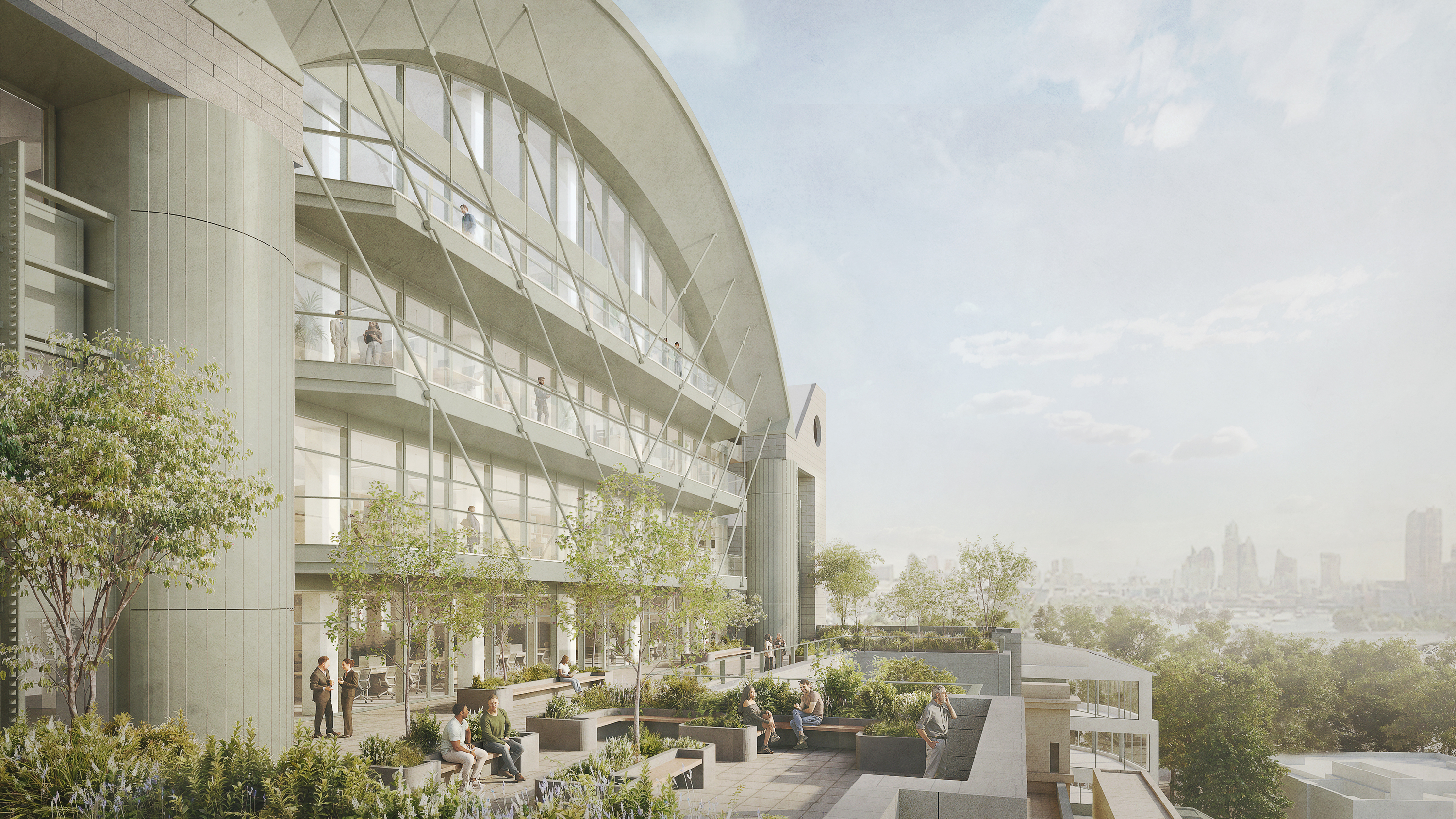 Render of waterfront face of 1 Embankment Place with new outdoor green spaces