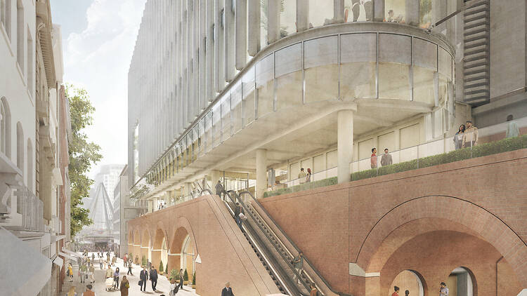 Render of what Villiers Street will look like after the renovations to 1 Embankment Place with new arches and clean streets