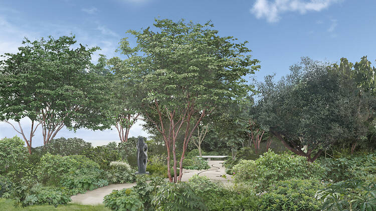 Render of Barbara Hepworth sculpture in centre of lush garden
