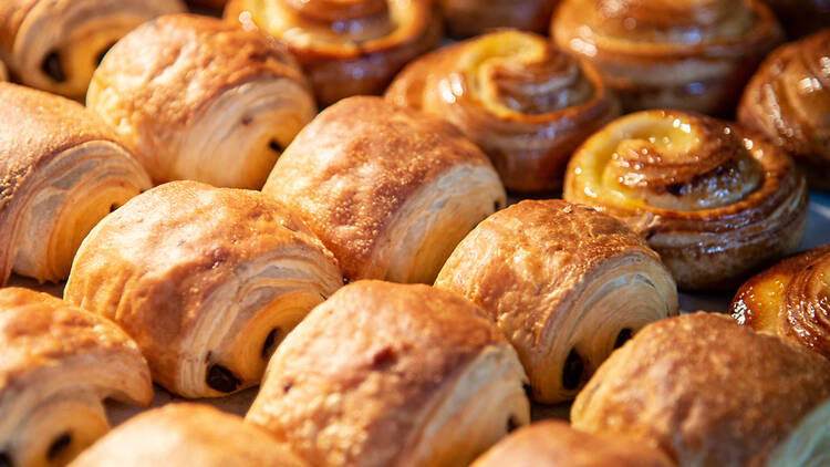Pastries in a bakery window