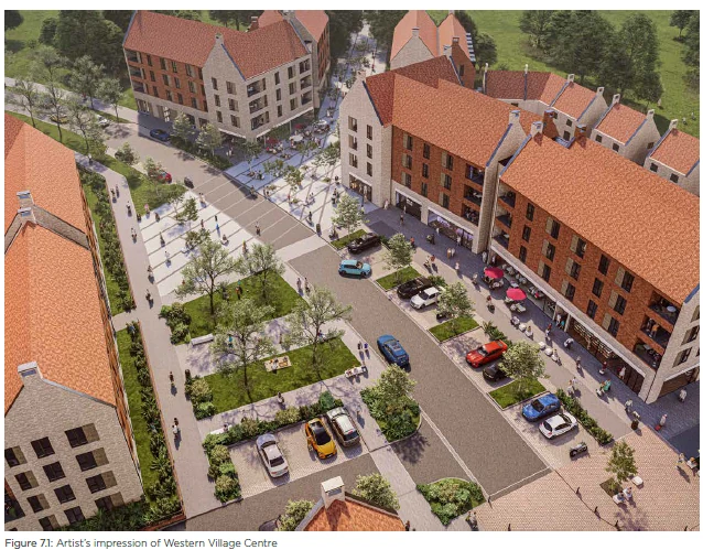 Render of a birdseye view of a street in the new Garden Village