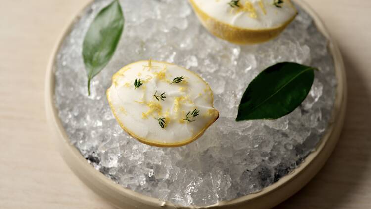 Amalfi lemon gelato served in lemon halves on ice at Ormeggio at the Spit