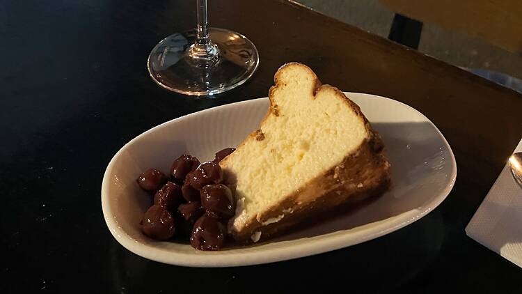 The cheesecake with sour cherry compote at Ruzia's Wine.