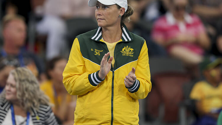 Samantha Stosur during the 2025 Billie Jean King Cup Qualifiers at Pat Rafter Arena in Brisbane, Queensland on Saturday, April 12, 2025. 