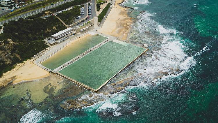 Aerial overlooking Merewether Ocean Baths, Merewether in Newcastle.
