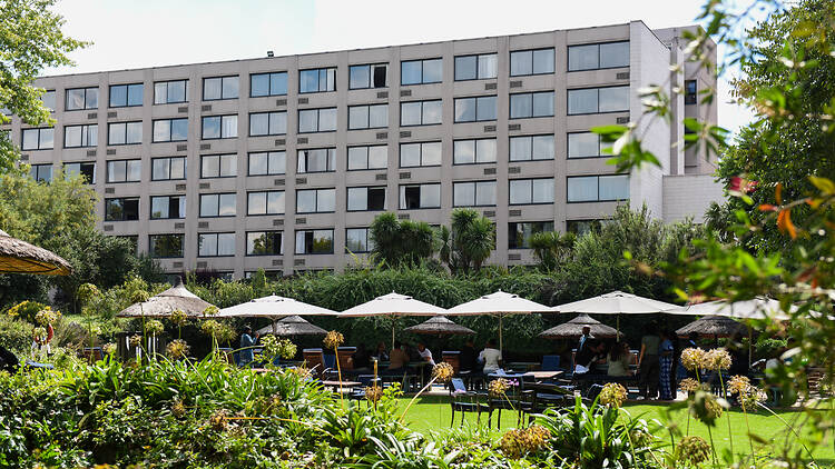 A view of the Riverside Sun Hotel from the garden. 