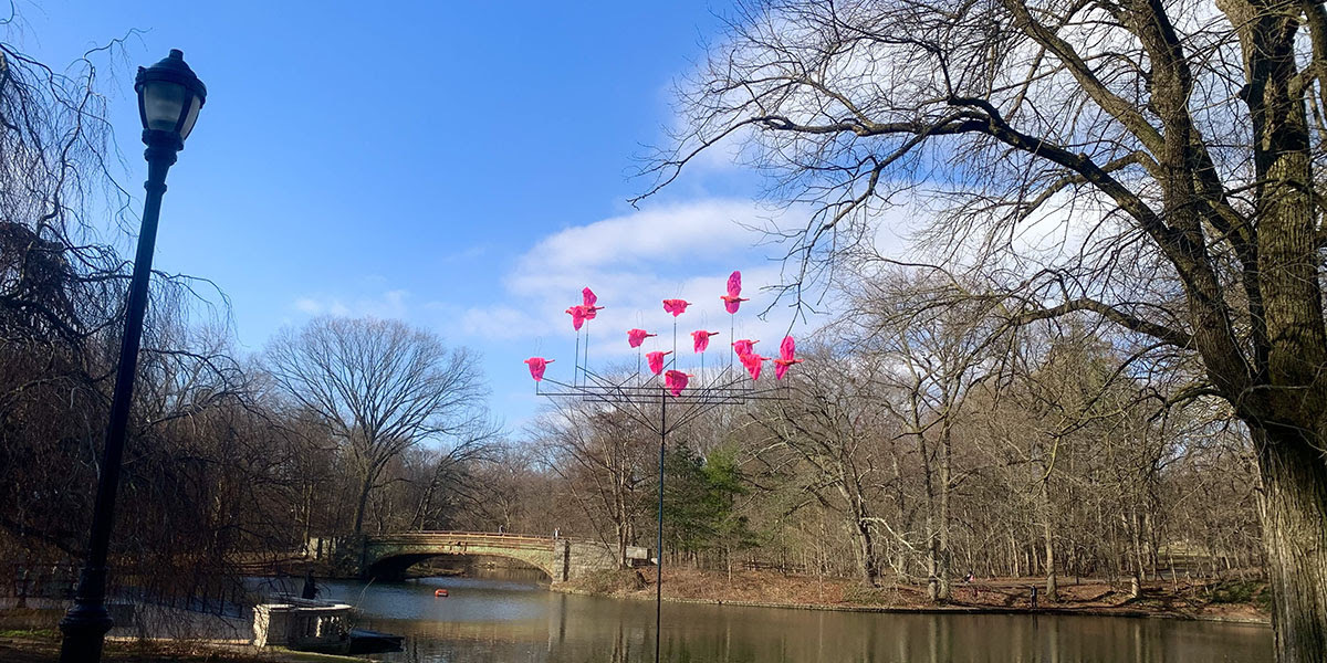 Neon pink birds take flight over Prospect Park in this fabulous new installation