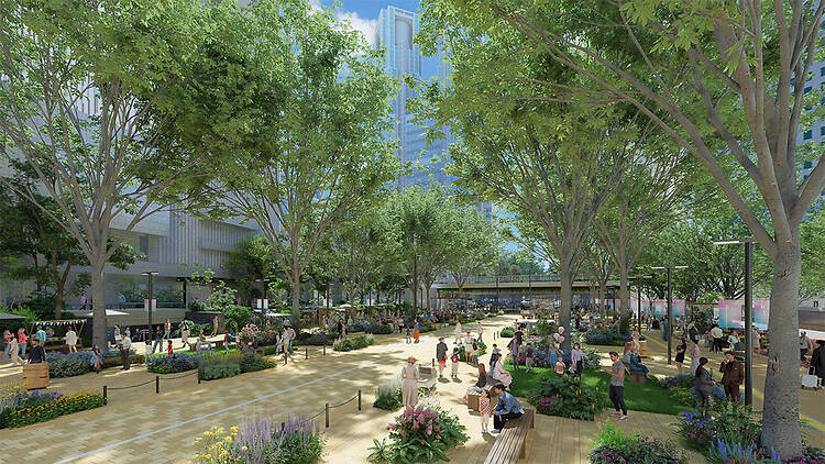 A rendering of Avenue 4 at Shinjuku West Exit in the 2030s