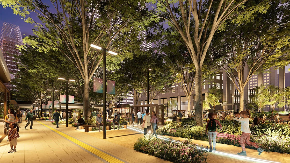 A rendering showing Avenue 4 at Shinjuku Station&rsquo;s West Exit at night