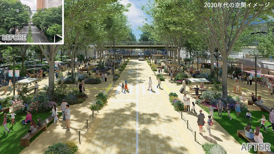 A rendering depicting Avenue 4 at Shinjuku Station&rsquo;s West Exit in the 2030s