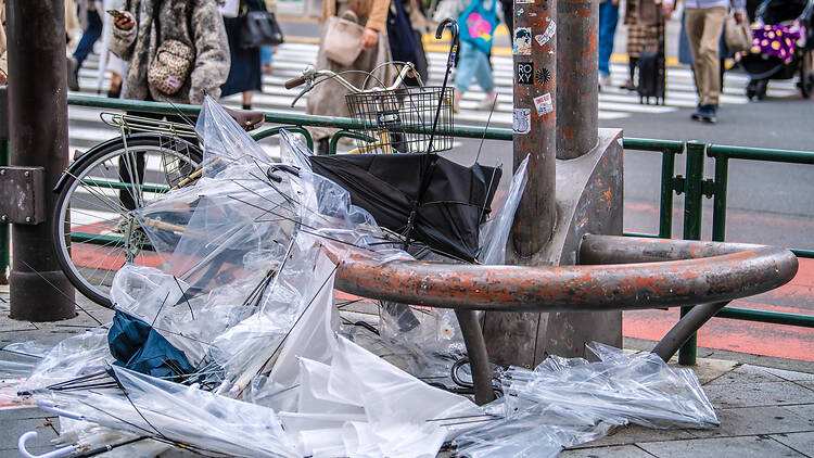 Discarded umbrellas at a zebra crossing