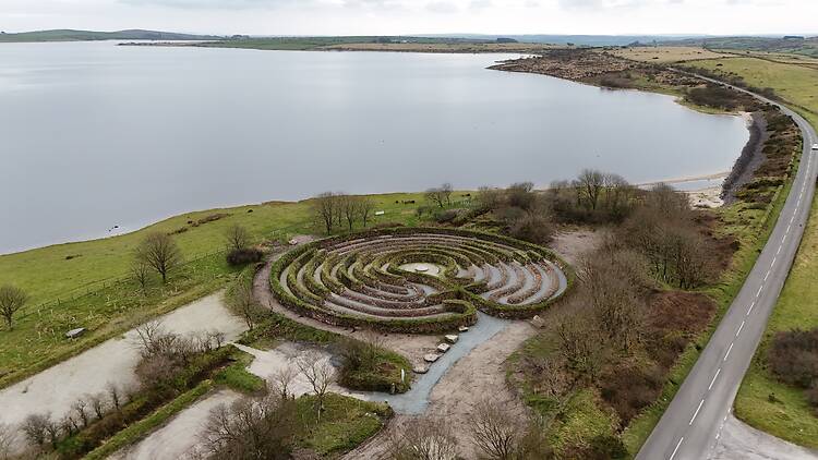 The labyrinth's panoramic views of a famous Cornish lake