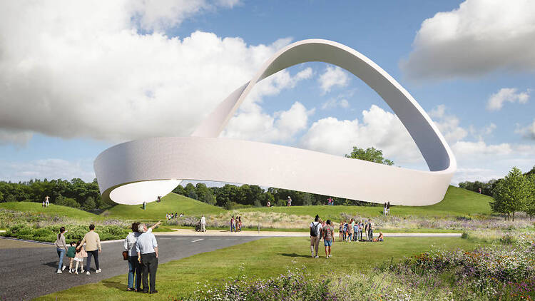 Rendering of 50 metre high circular concrete ring with green spaces and people visiting
